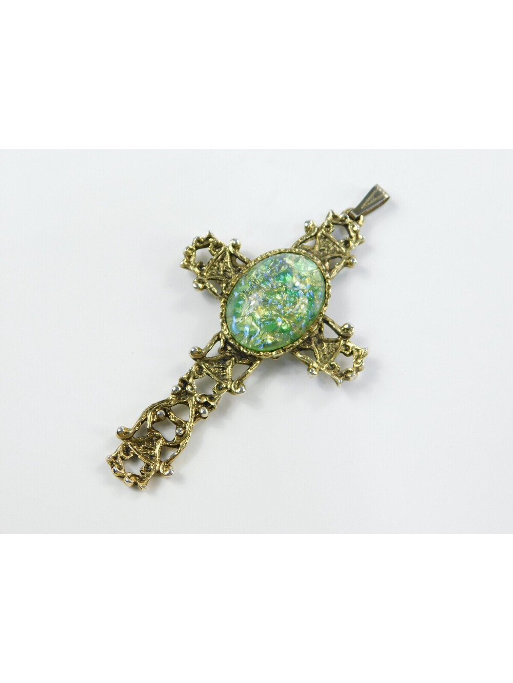 Vintage Large Pale Gold Tone Dragons Eye Green Glass Cabochon Pendant